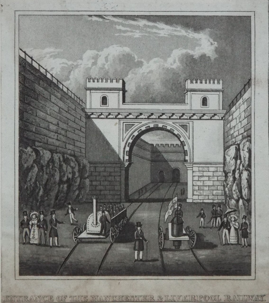 Aquatint - Entrance to the Manchester & Liverpool Railway.